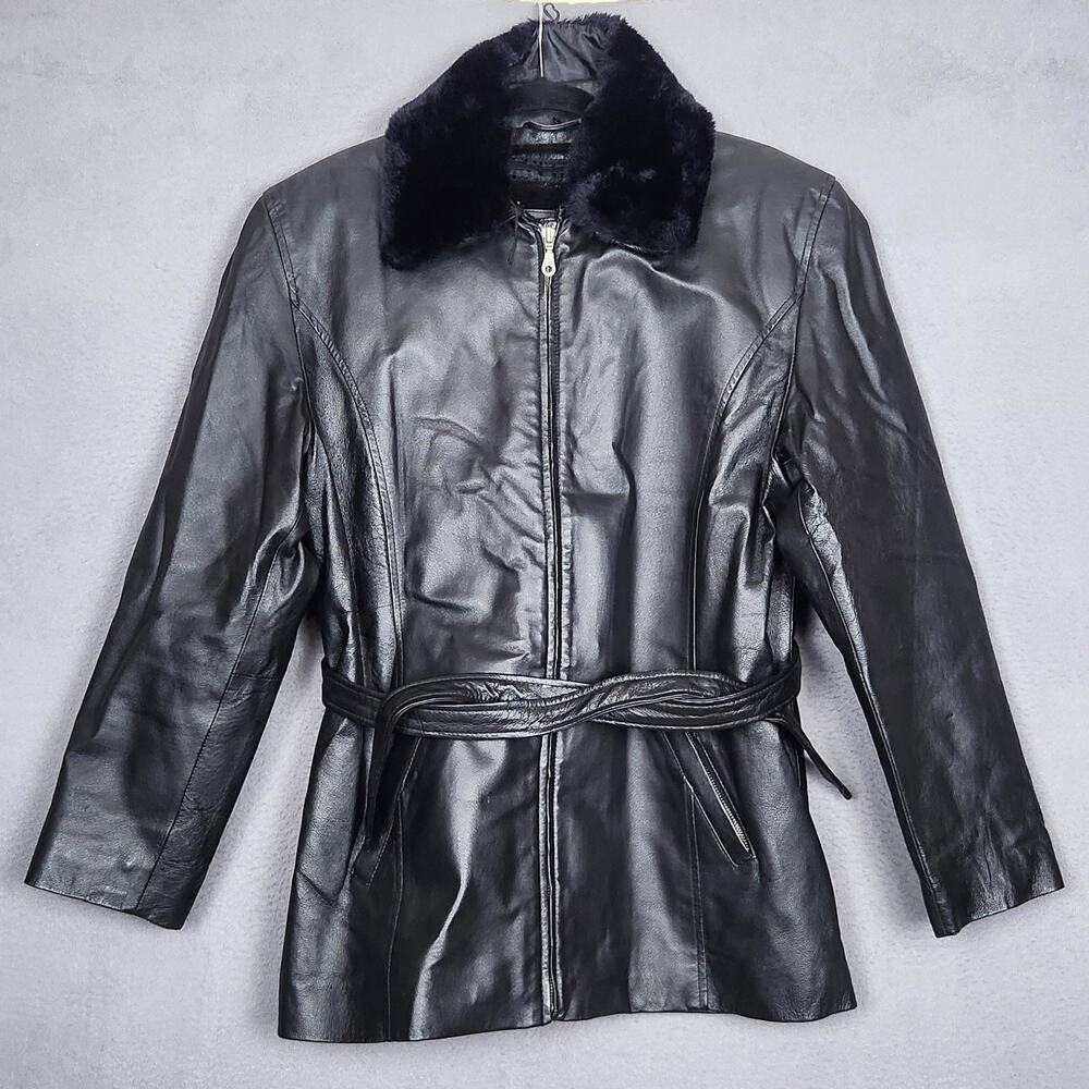 Sergio VADDUCCI Leather Coat Womens XL Black Belted Faux Fur Collar Zip Warm